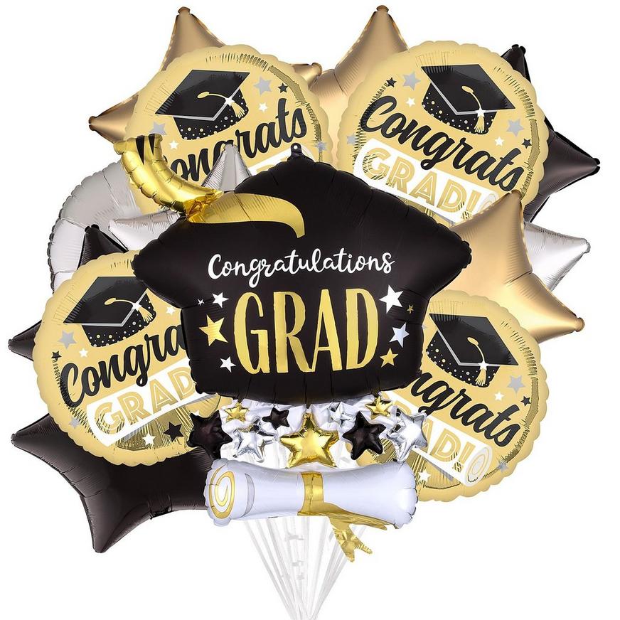Black, Silver & Gold Congrats Grad & Star Foil Balloon Bouquet, 14pc
