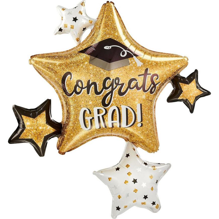 Black & Gold Sparkle Congrats Grad Star Foil Balloon Bouquet, 17pc