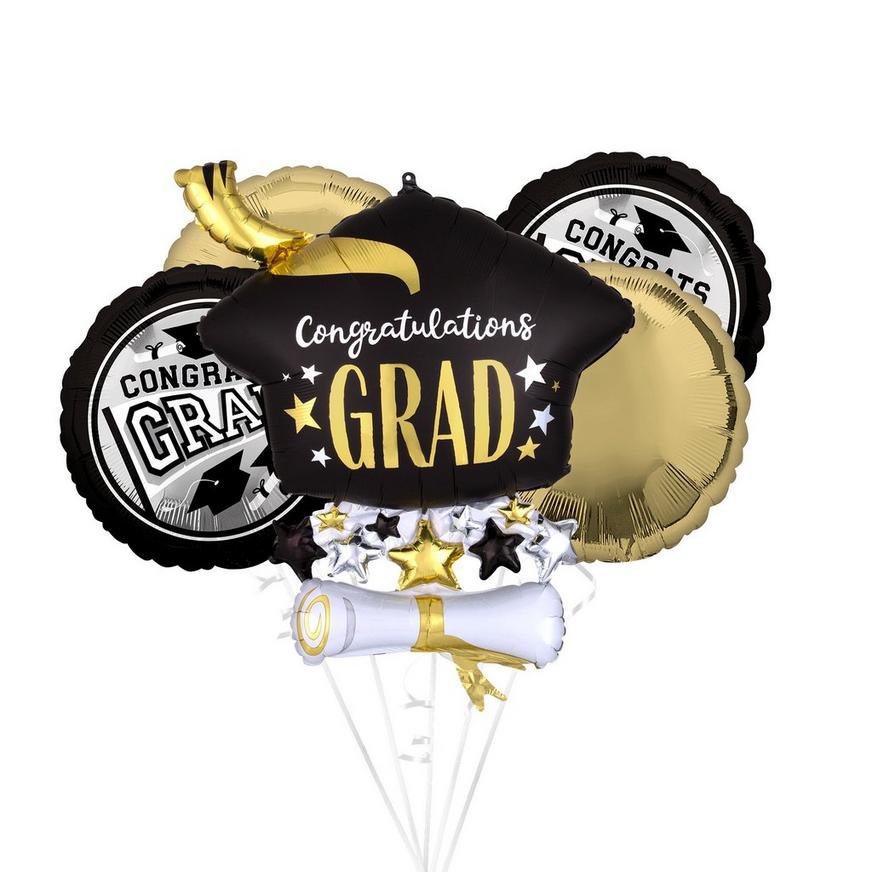 3D Black & Gold Grad Balloon Bouquet, 5pc
