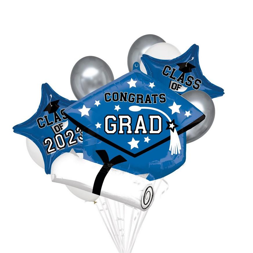 Blue Grad Cap & Stars Class of 2023 Foil & Latex Balloon Bouquet, 9pc