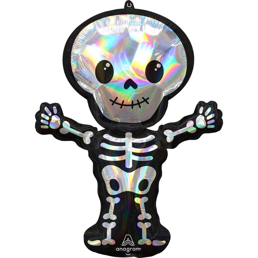 Iridescent Smiley Skeleton-Shaped Halloween Foil Balloon, 26in x 34in