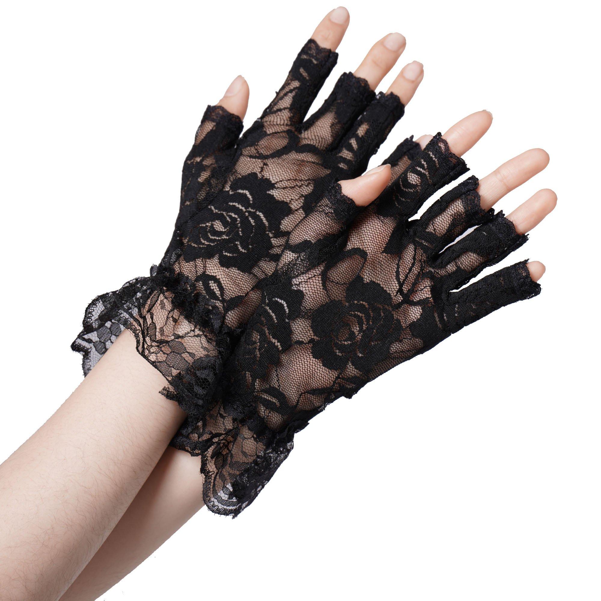 20 Black Fingerless Lace Women Adult Halloween Gloves Costume Accessory -  One Size