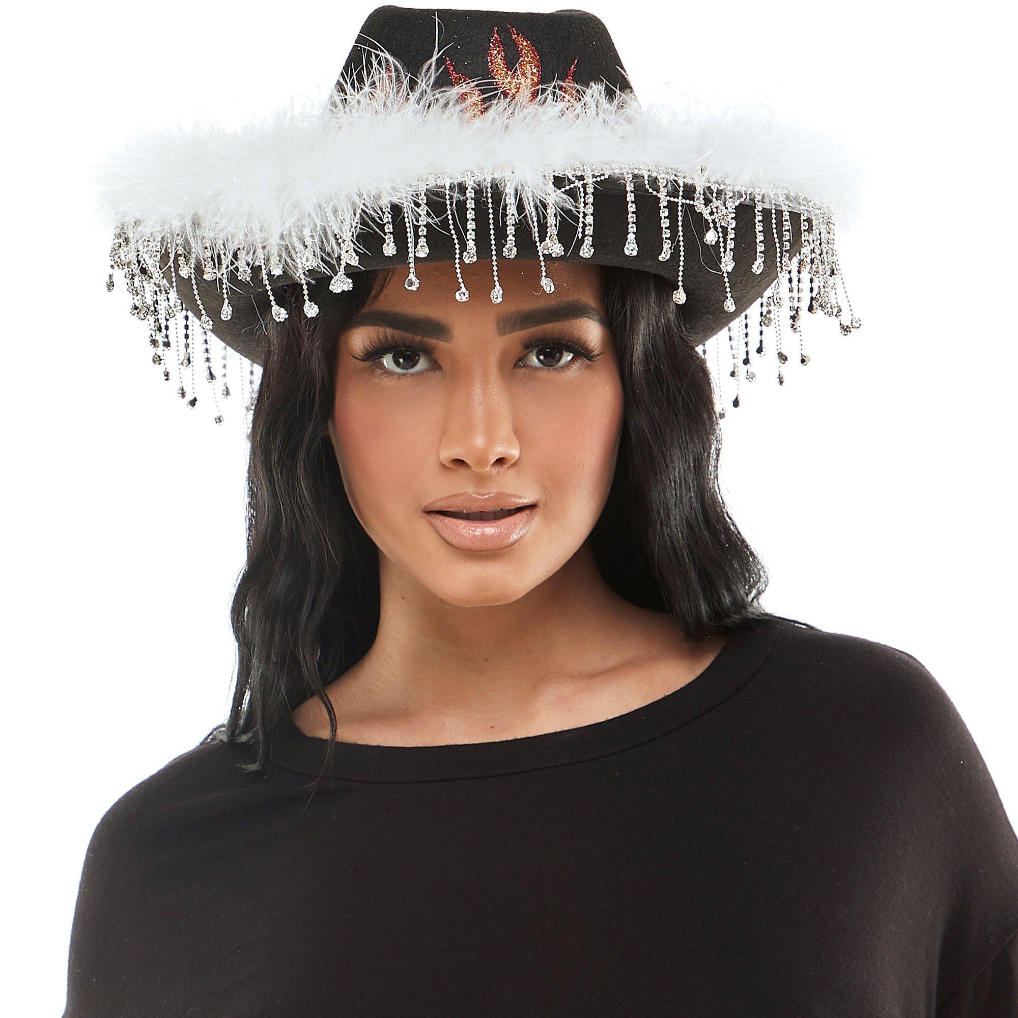 Iheartraves Flaming Cowboy Hat w/ Feathers and Rhinestone Fringe Black