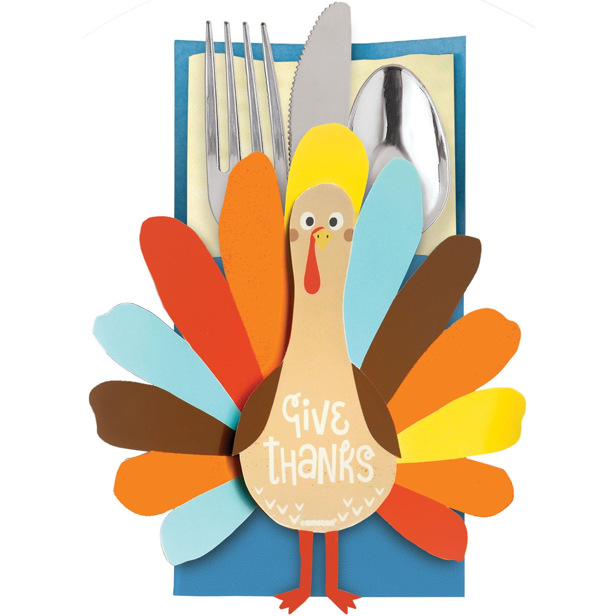 Thanksgiving Turkey Cardstock Cutlery Holders, 3.75in x 7.5in, 12ct