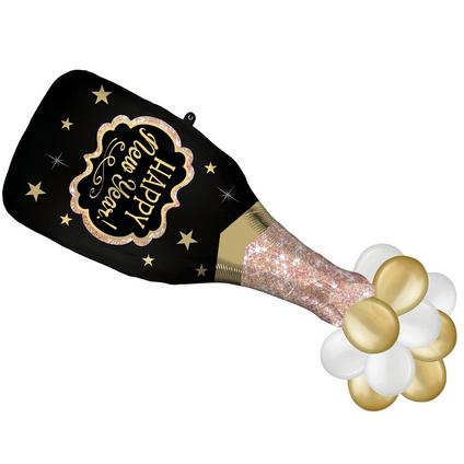 Happy New Year Bottle-Shaped Foil Balloon with Latex Bubbles, 16in x 47in - New Year Bubbly