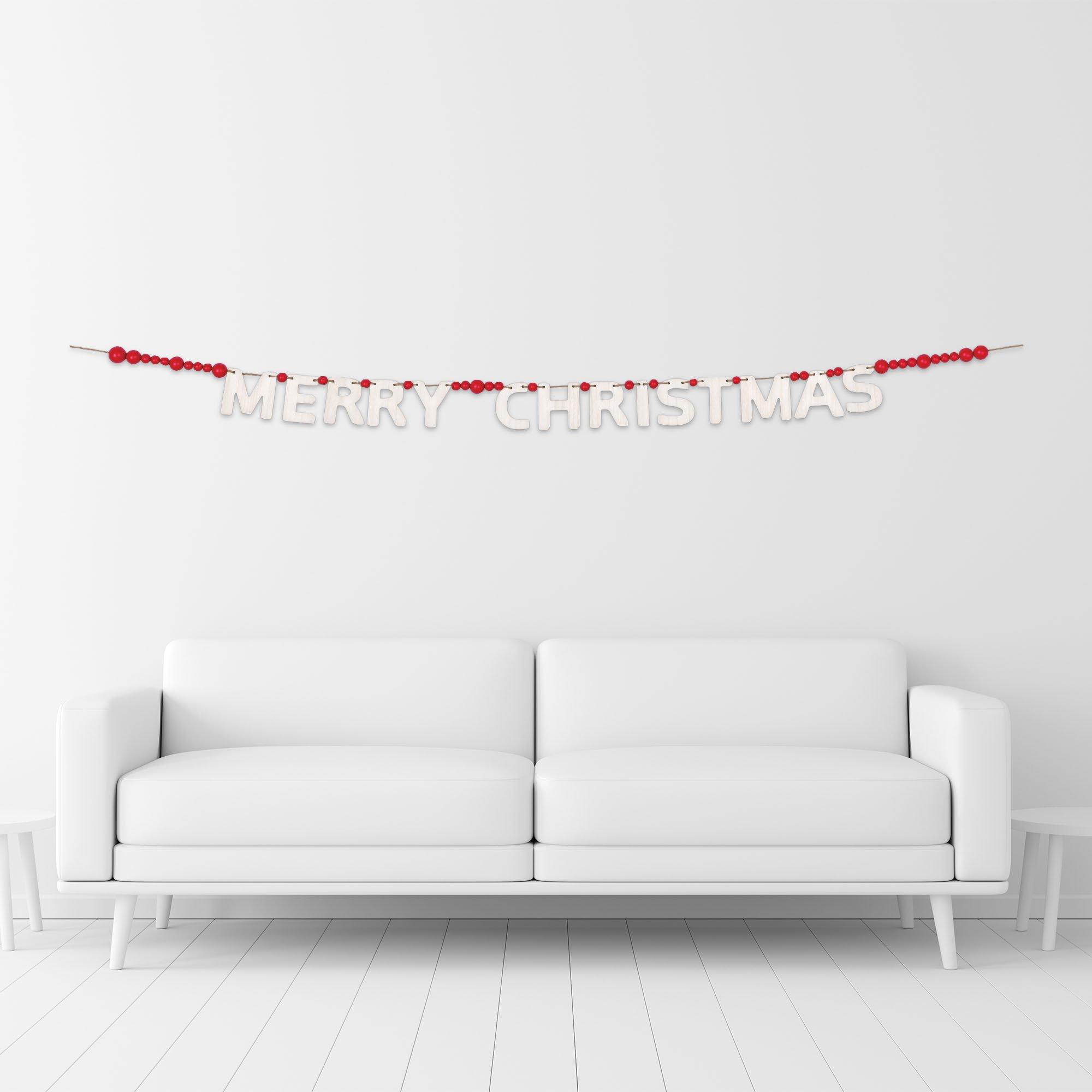 Red Bead & White Letter Merry Christmas Wood Banner, 10ft