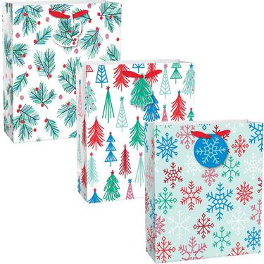 Holly Tree Snowflake Christmas Paper Gift Bags, 12in x 12in, 3pc