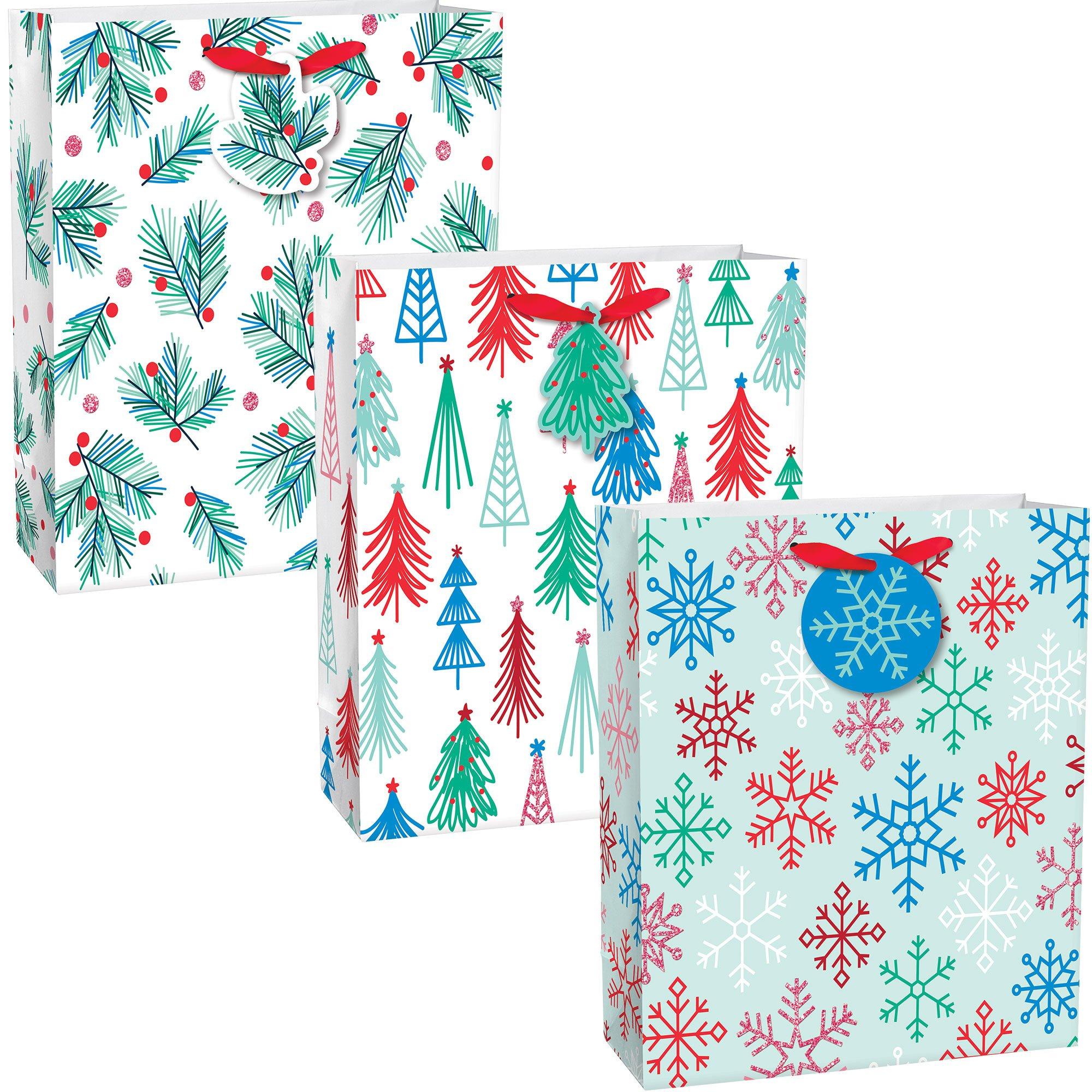 Holly Tree Snowflake Christmas Paper Gift Bags, 12in x 12in, 3pc