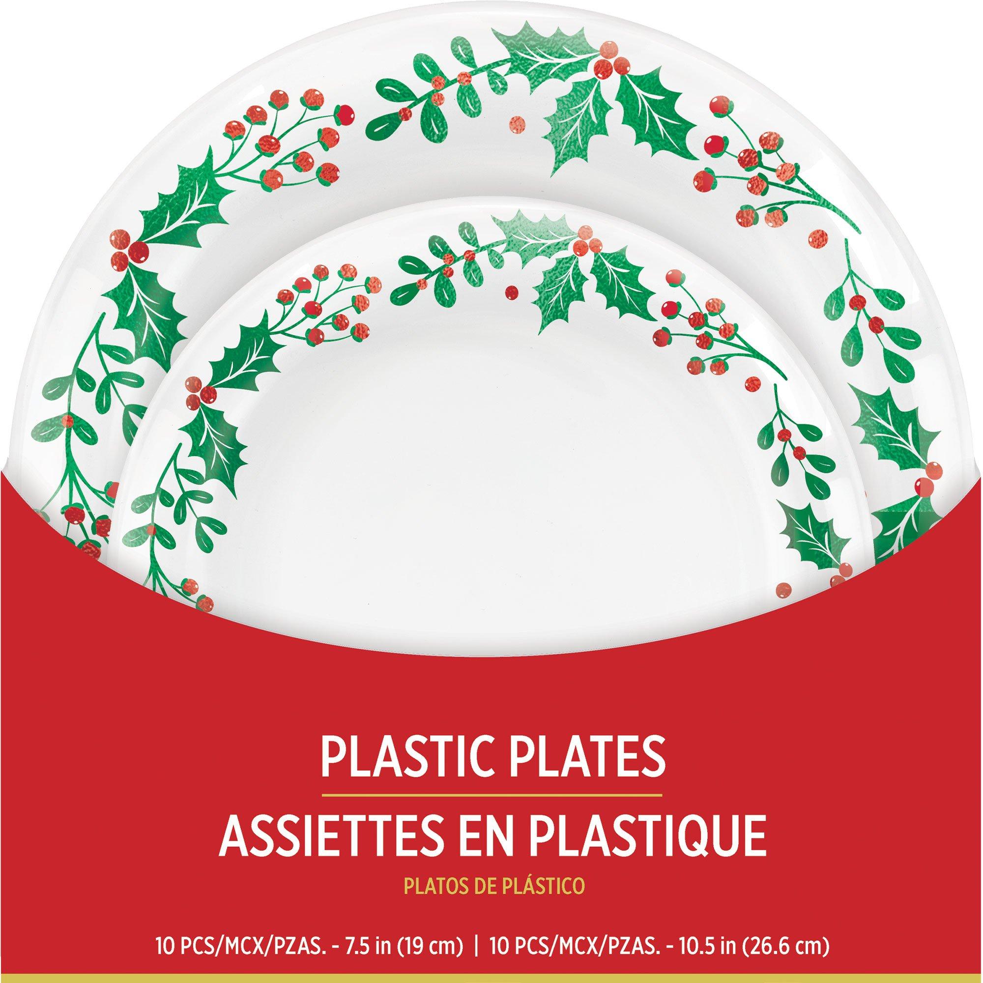 Christmas Holly White Plastic Dinner 10.5in Dessert 7.5in Plates 20ct Party City