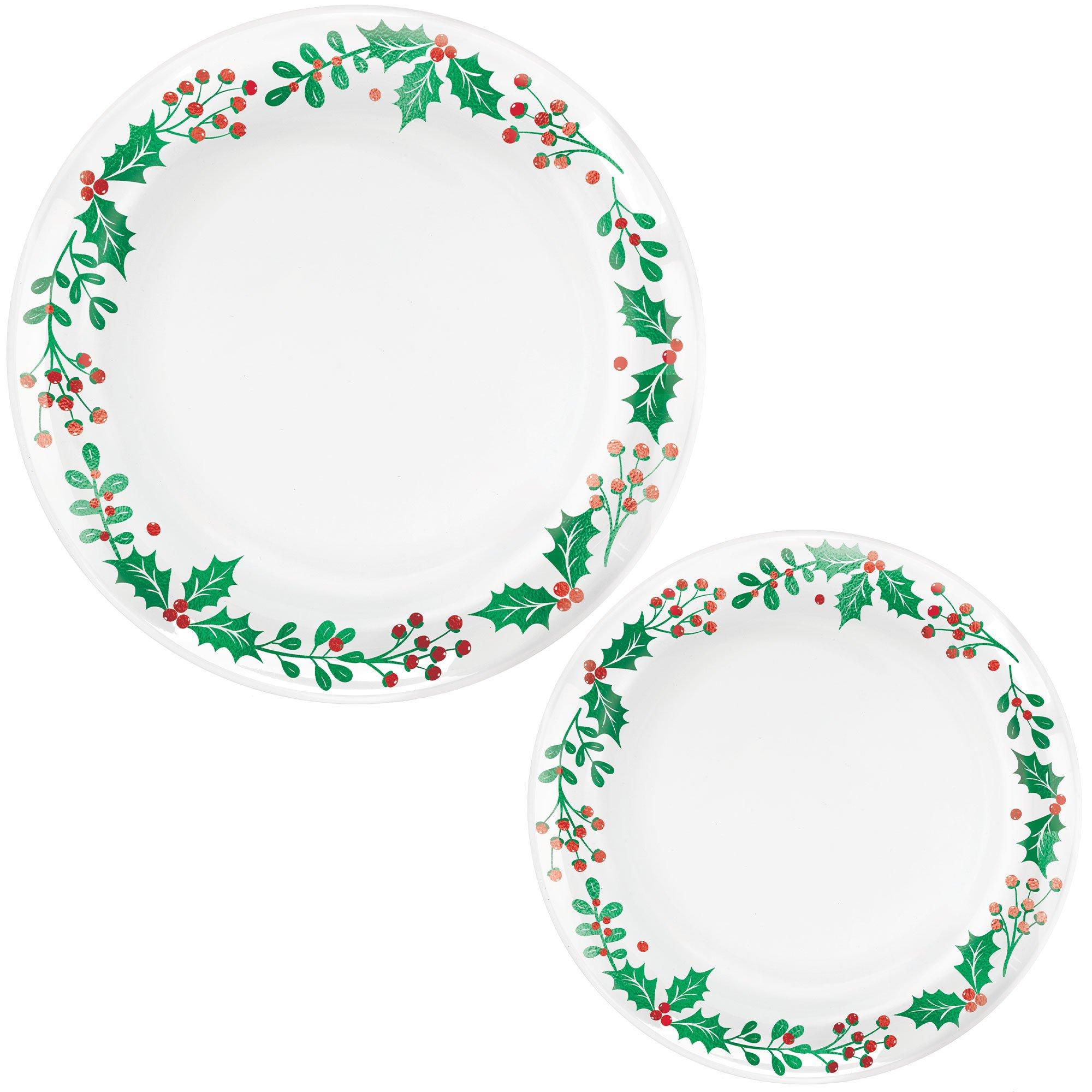 Christmas Holly White Plastic Dinner (10.5in) & Dessert (7.5in) Plates, 20ct