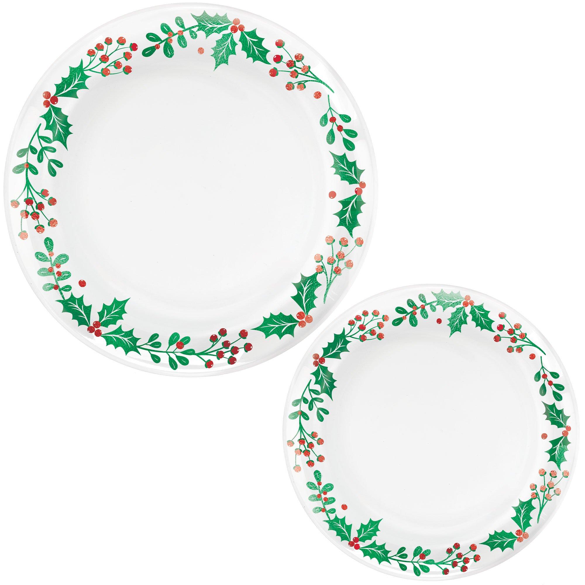 Christmas Holly White Plastic Dinner (10.5in) & Dessert (7.5in) Plates ...