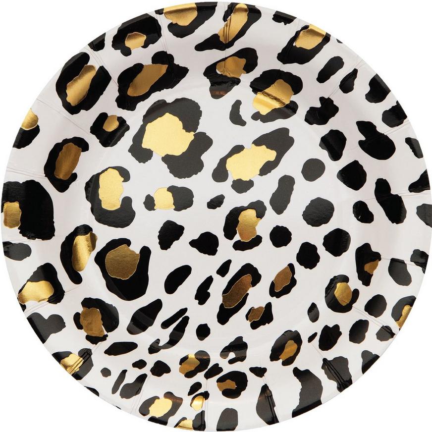 Black & Metallic Gold Leopard Print Paper Lunch Plates, 9in, 8ct