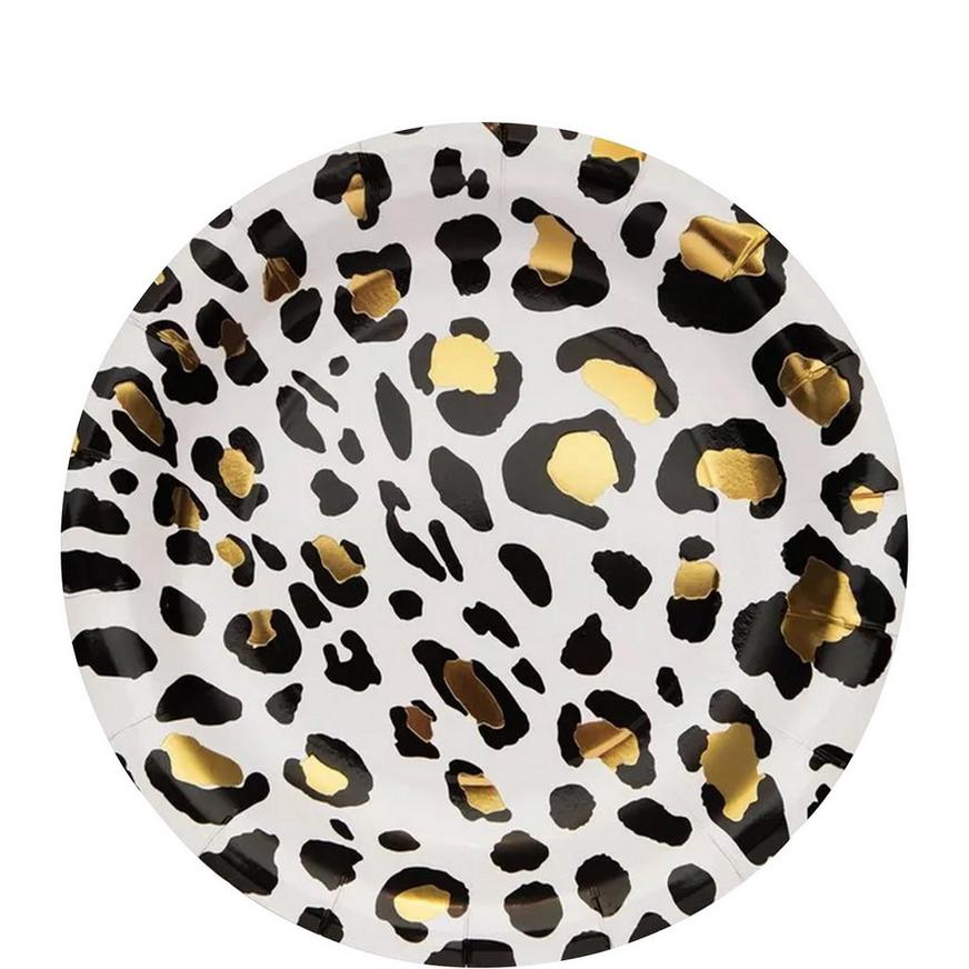 Black & Metallic Gold Leopard Print Paper Dessert Plates, 7in, 8ct