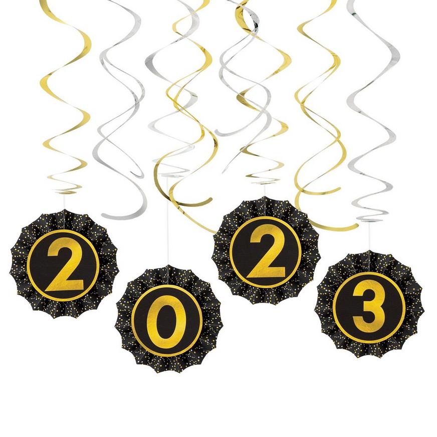 Black, Silver & Gold New Year's Eve 2023 Cardstock Swirl & Fan Decorations, 12pc
