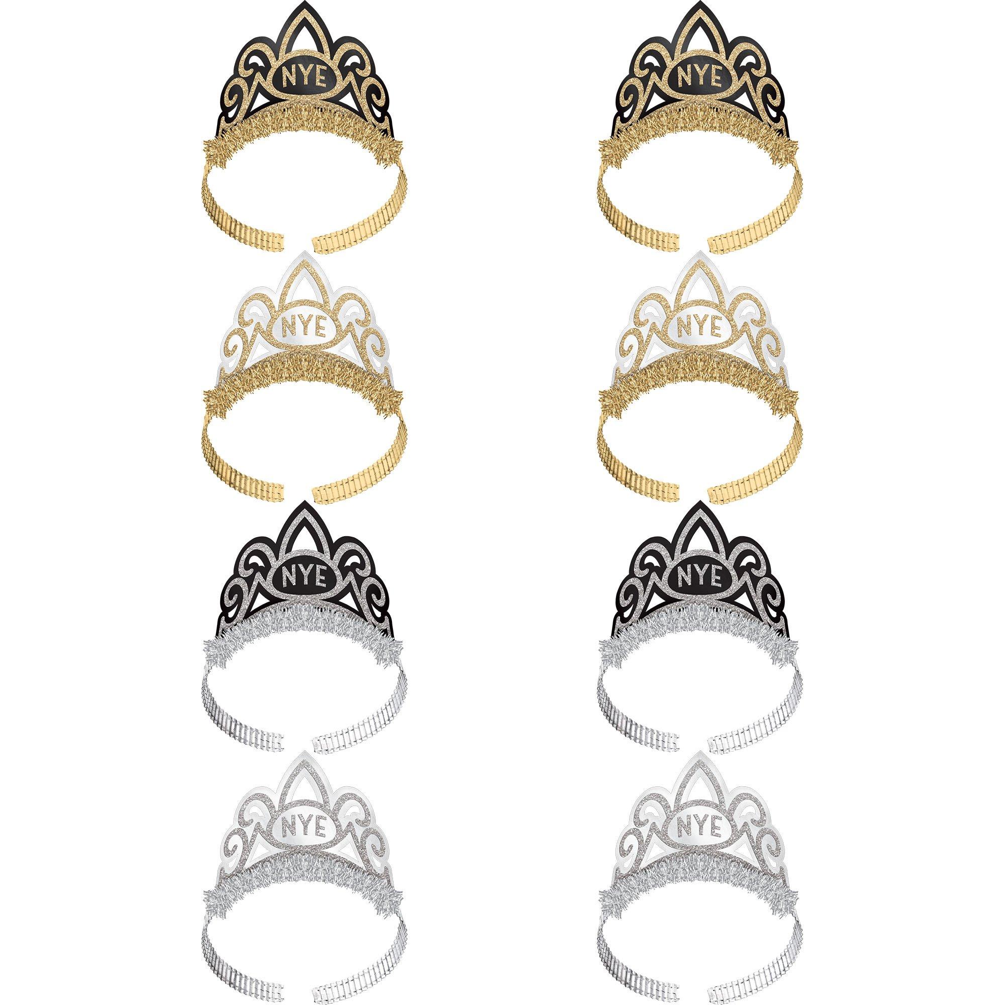 Metallic NYE Paper Tiaras, 8ct - Black, Silver & Gold