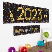 Colorful Confetti Happy New Year 2023 Plastic Horizontal Banners, 2pc