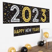 Black, Silver & Gold Happy New Year 2023 Plastic Horizontal Banners, 2pc