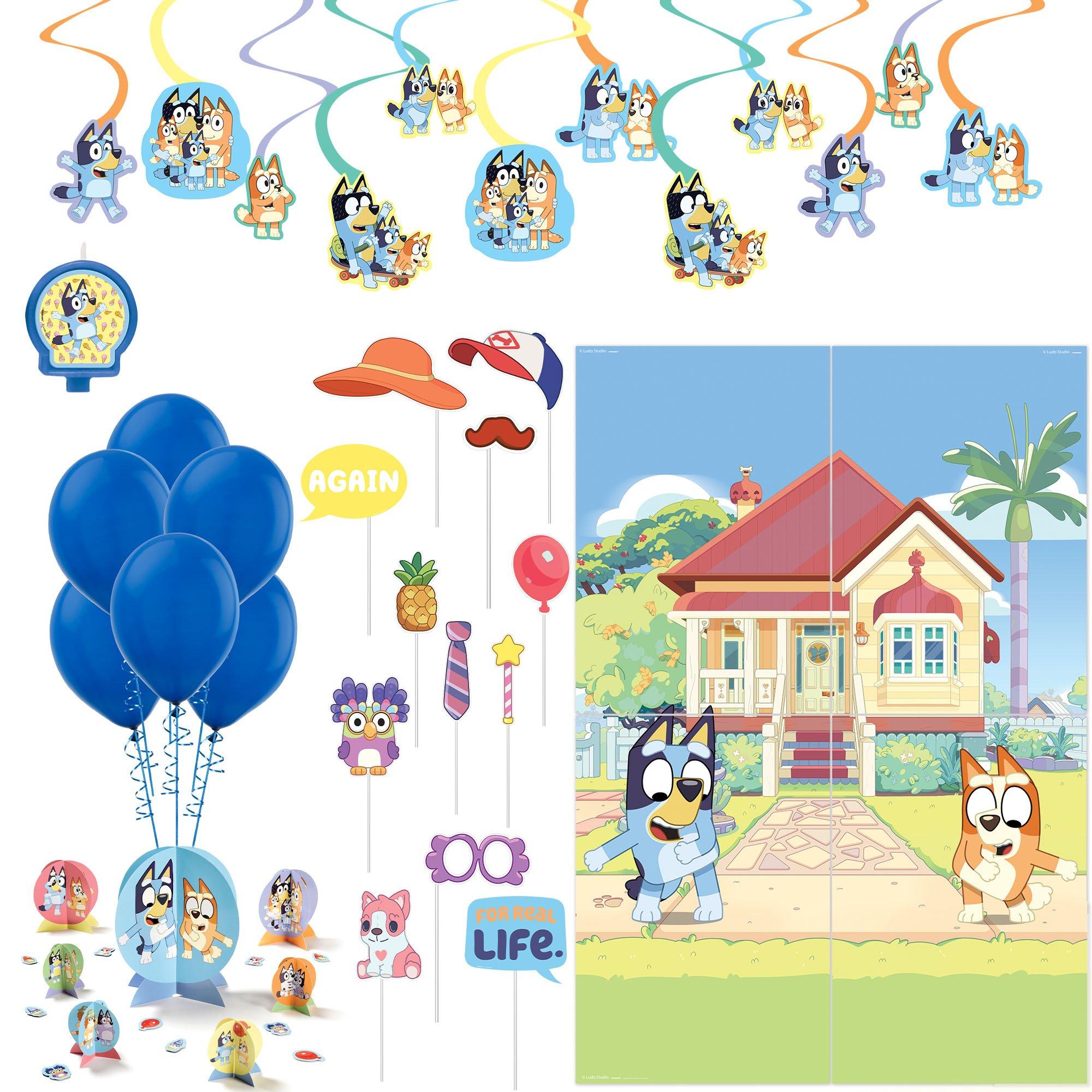 Bluey Party Decorating Supplies Pack - Kit Includes Themed Latex Balloons, Table Decorations, Candle, Swirls & Photo Booth Kit