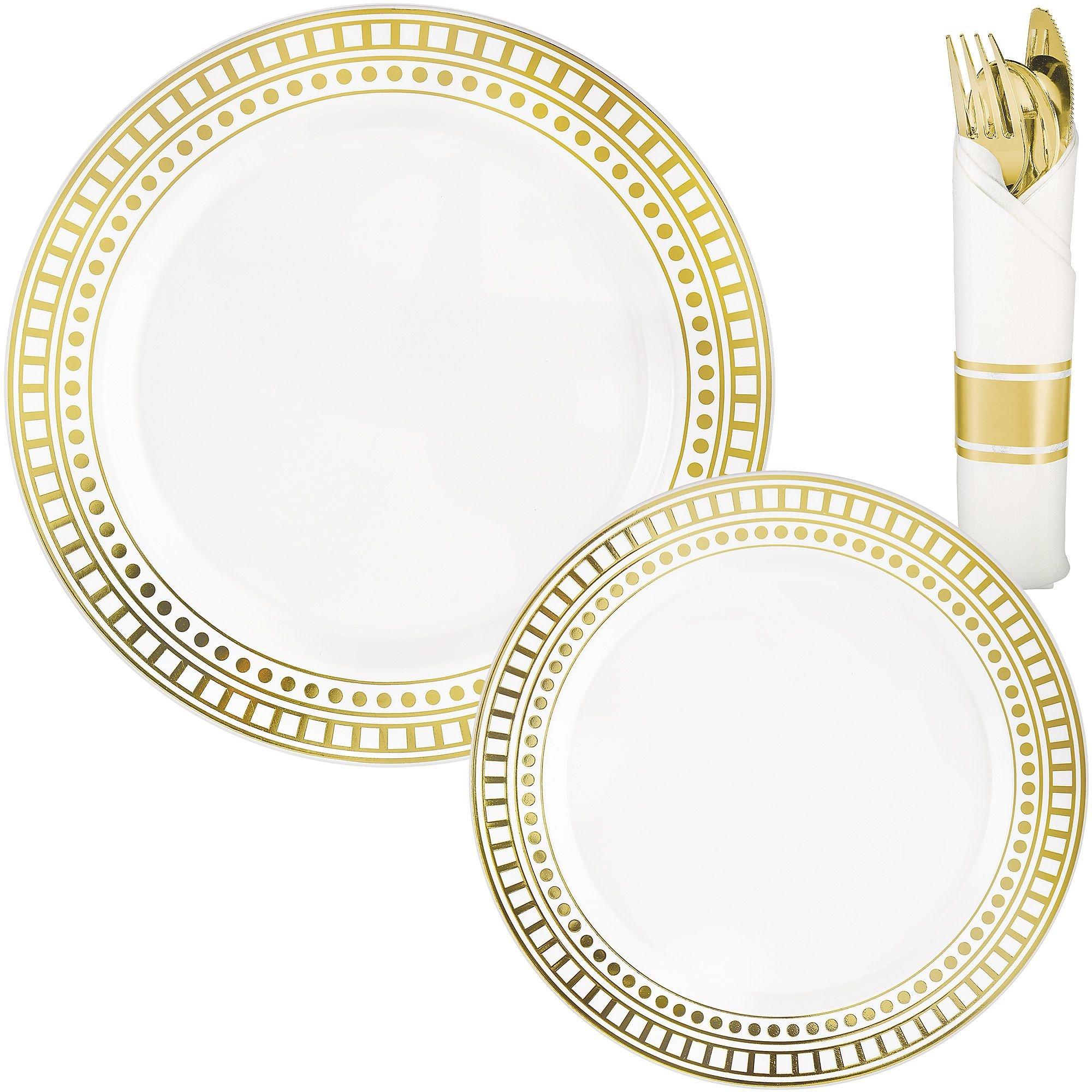 White & Gold Dot & Square Patterned Premium Plastic Tableware Kit for 20 Guests