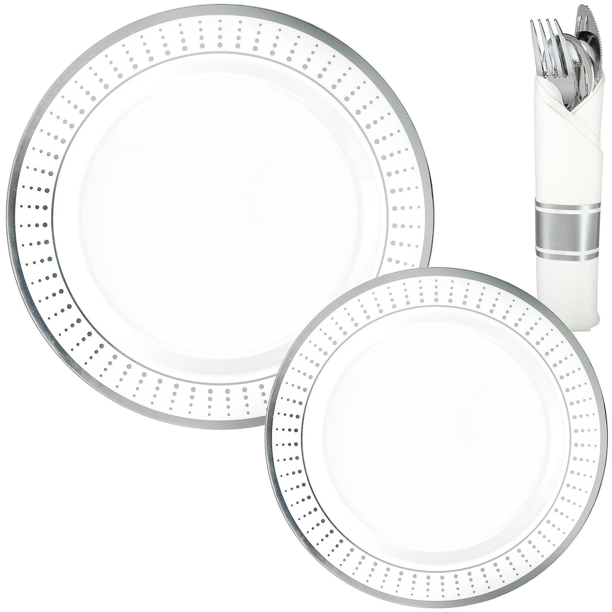 White & Silver Radiating Dot Patterned Premium Plastic Tableware Kit for 20 Guests