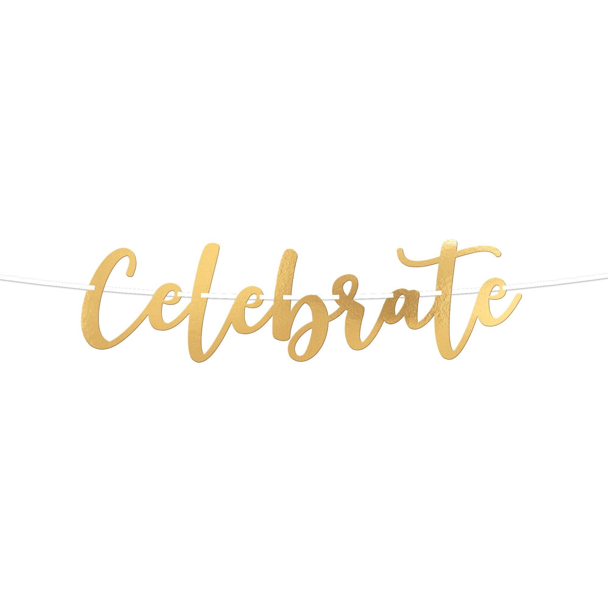 Metallic Gold Celebrate Cursive Cardstock Letter Banner, 12ft Party City