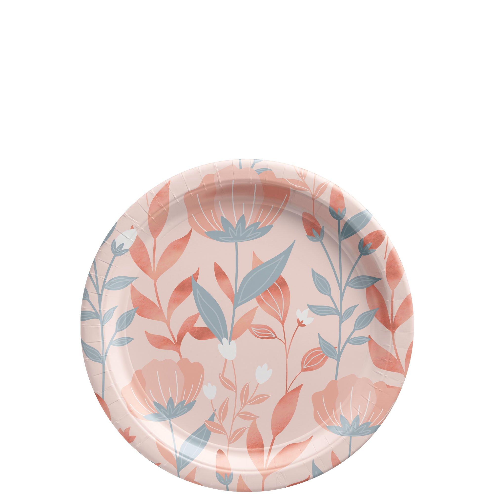 Metallic Rose Gold Floral Paper Dessert Plates, 6.75in, 20ct