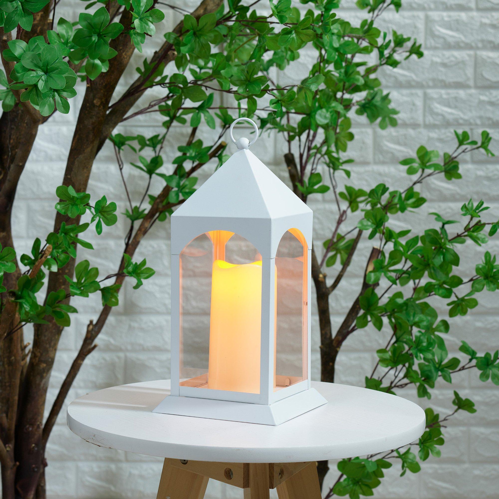 White Metal Lantern with Flickering LED Fairy Lights, 4in x 8in