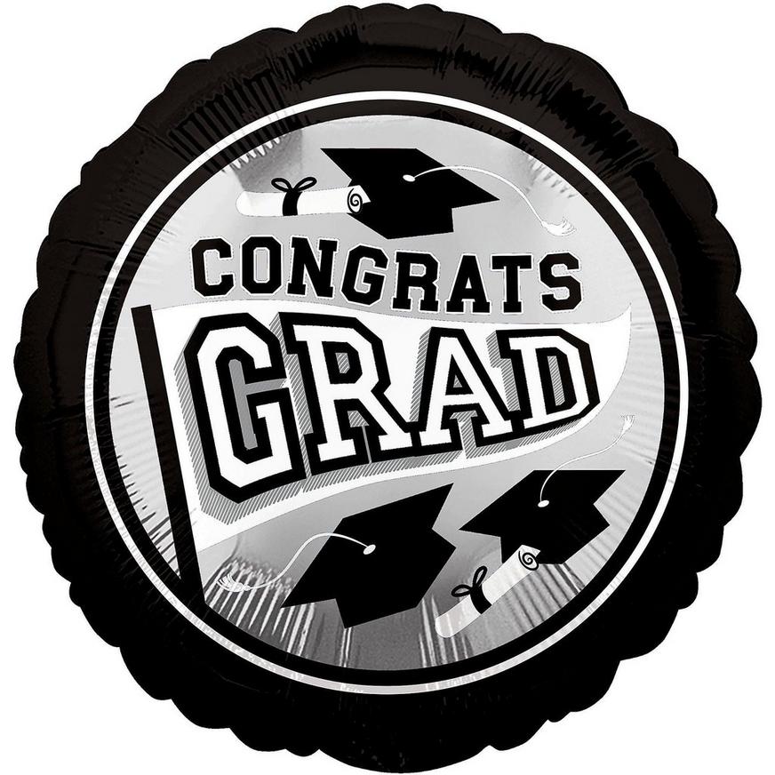 Black, Silver & Gold Congrats Grad Foil Balloon Bouquet, 12pc, with Plush Bear Balloon Weight