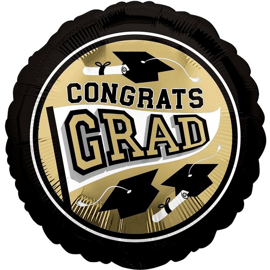Black, Silver & Gold Congrats Grad Foil Balloon Bouquet, 12pc, with Plush Bear Balloon Weight & Card Holder