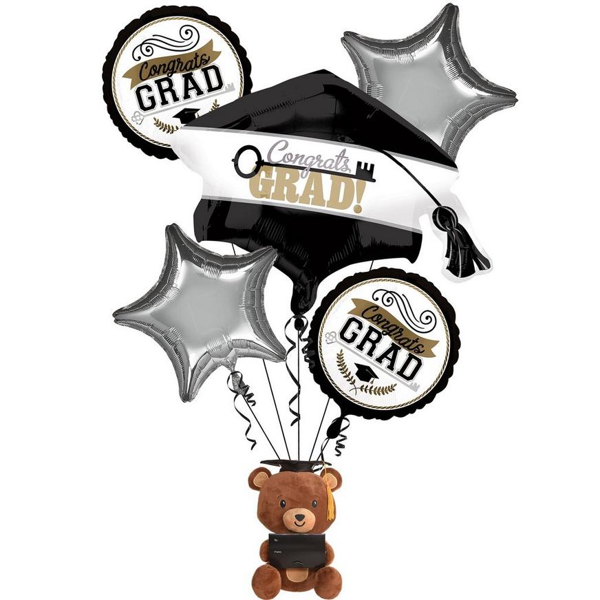 Achievement is Key Graduation Foil Balloon Bouquet, 5pc, with Plush Bear Balloon Weight & Card Holder