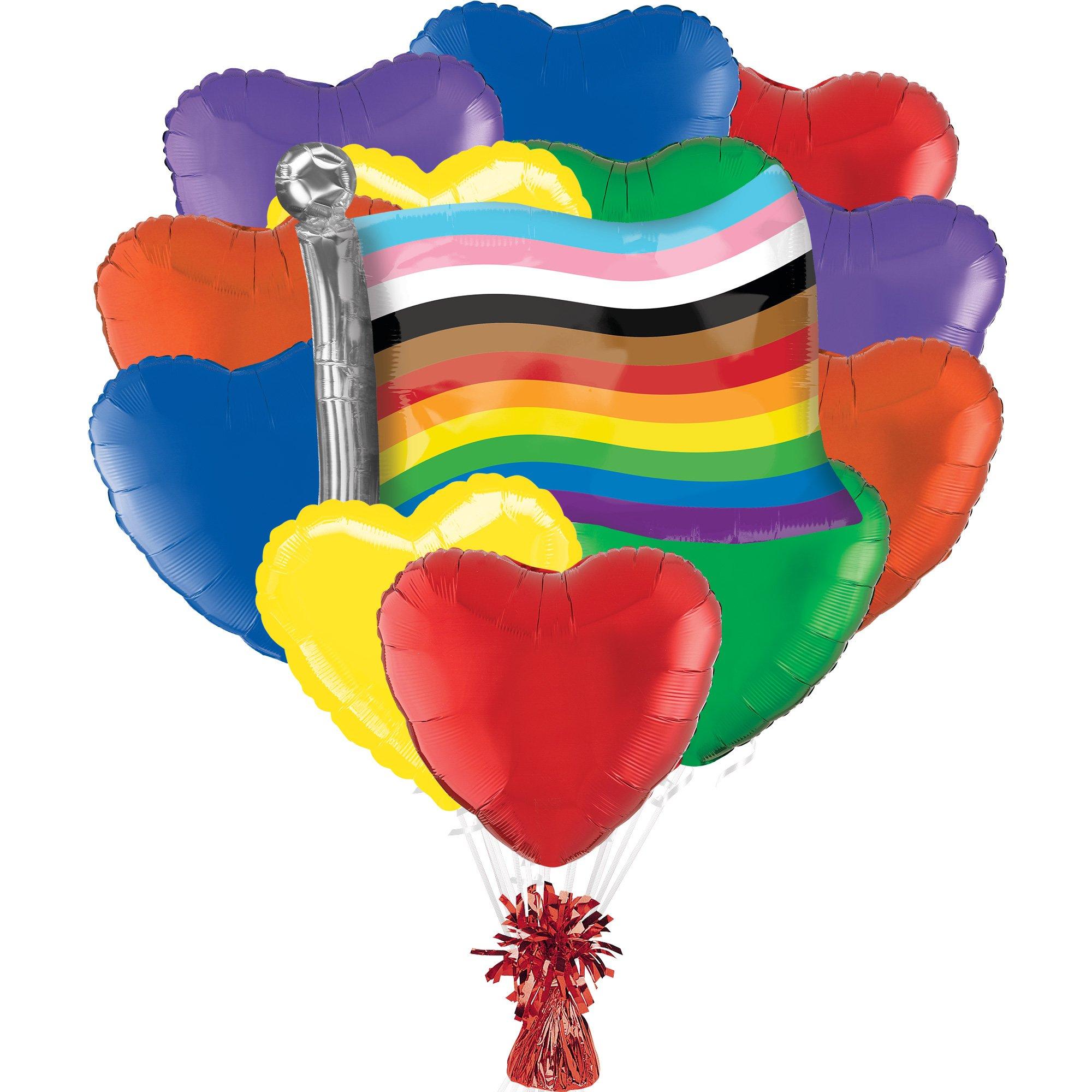 LGBTQ Pride Flag & Heart Rainbow Foil Balloon Bouquet, 13pc