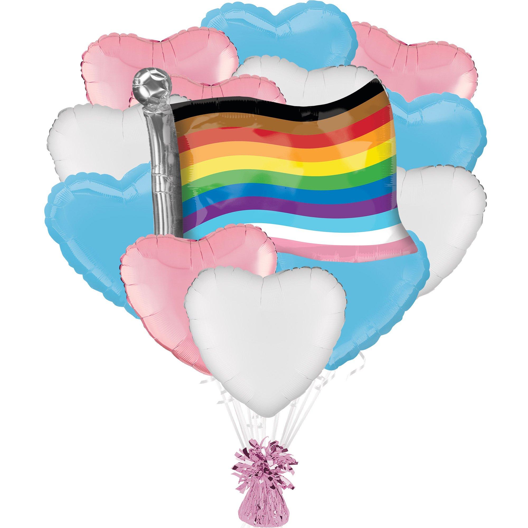 Trans Hearts & Pride Flag Foil Balloon Bouquet with Balloon Weight, 14pc