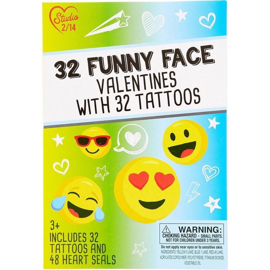Funny Face Valentine's Day Exchange Cards with Tattoos, 32ct