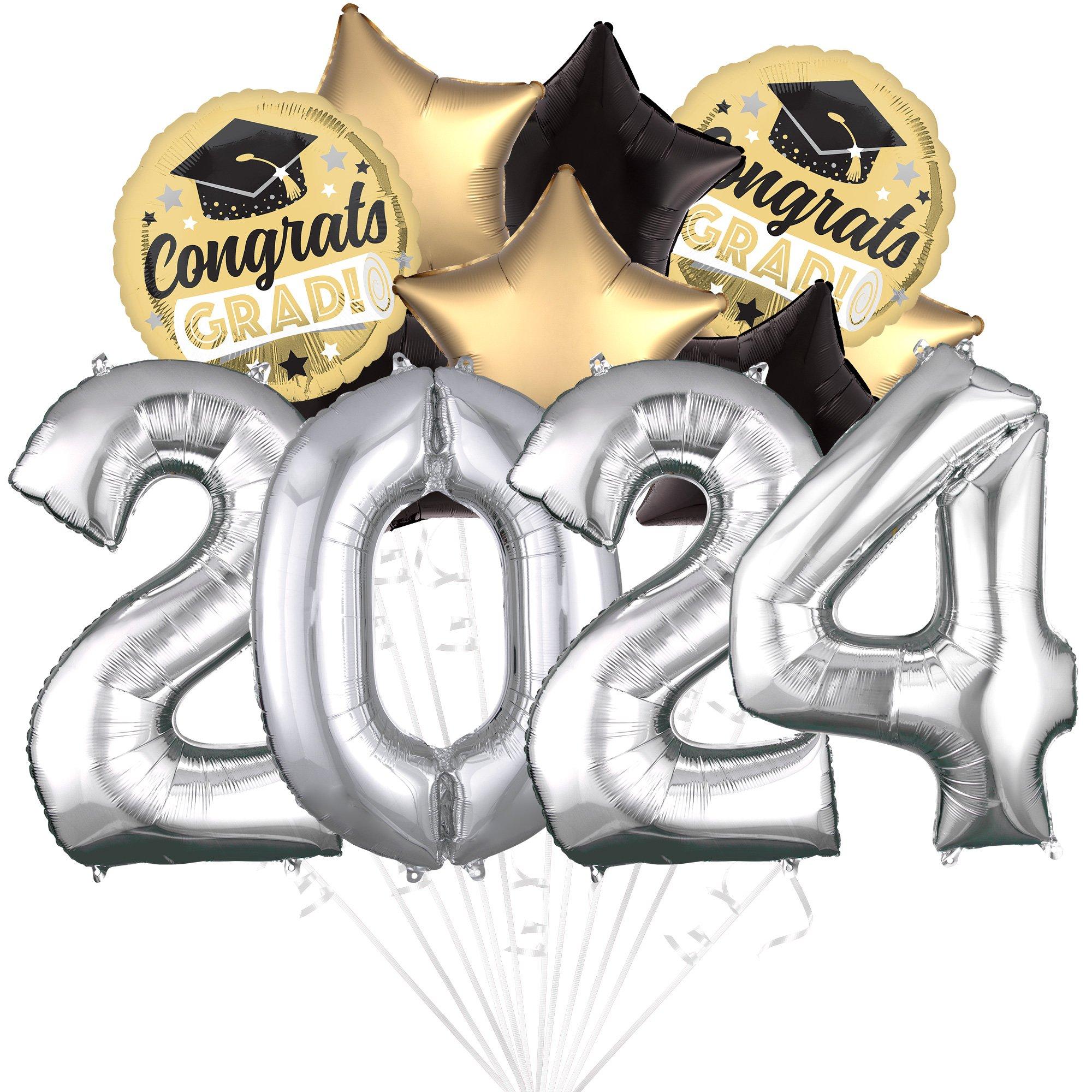 PartyCity Black, Silver & Gold 2024 Graduation Foil Balloon Bouquet