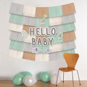 Hello Baby Soft Jungle Baby Shower Fringe Banner Backdrop with Cutouts, 5ft x 4.8ft