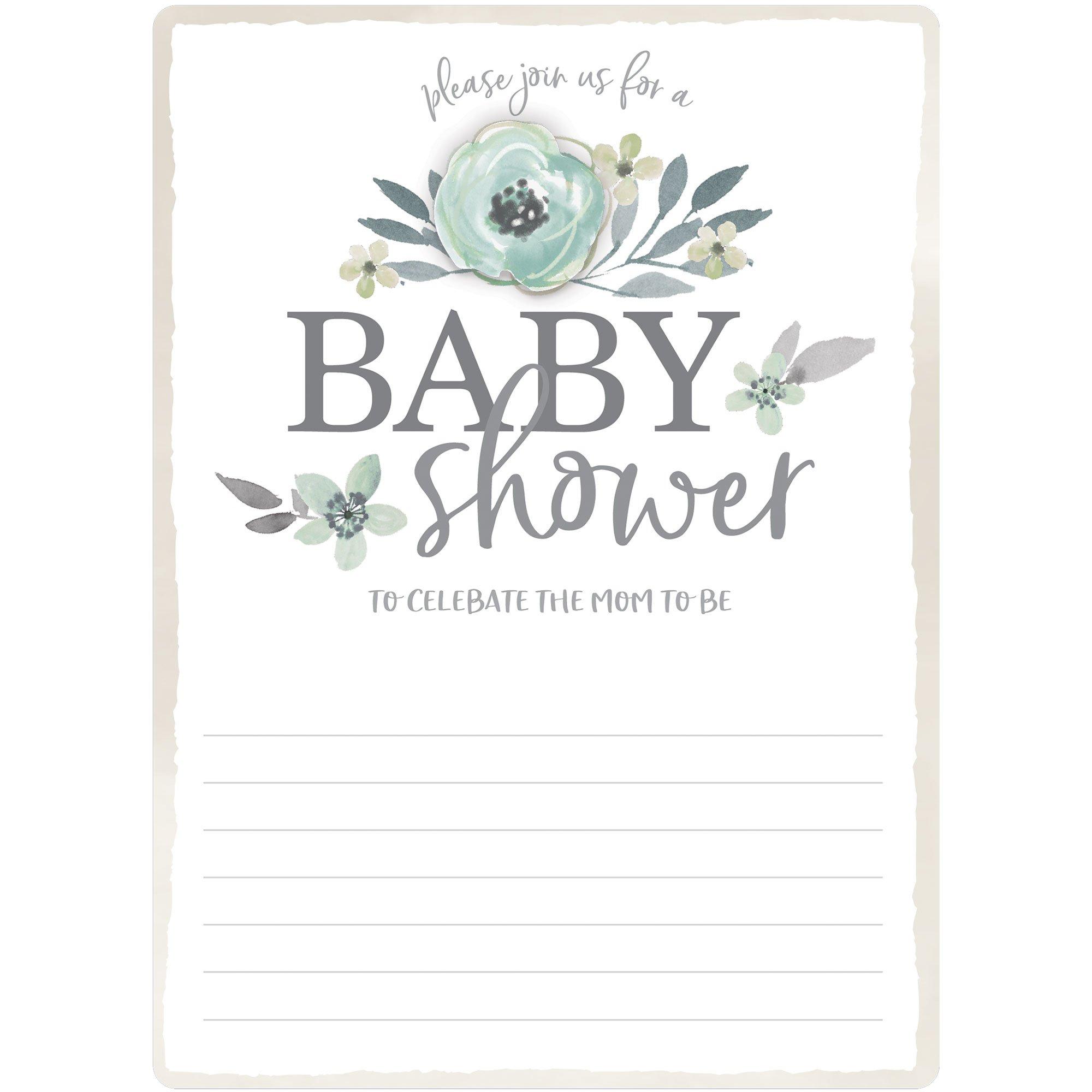 Green & Gray Floral Baby Shower Cardstock Invitations, 8ct