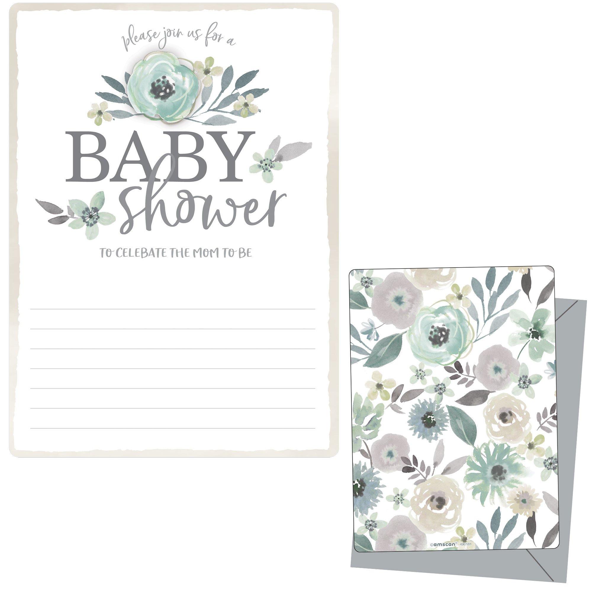 Green & Gray Floral Baby Shower Cardstock Invitations, 8ct