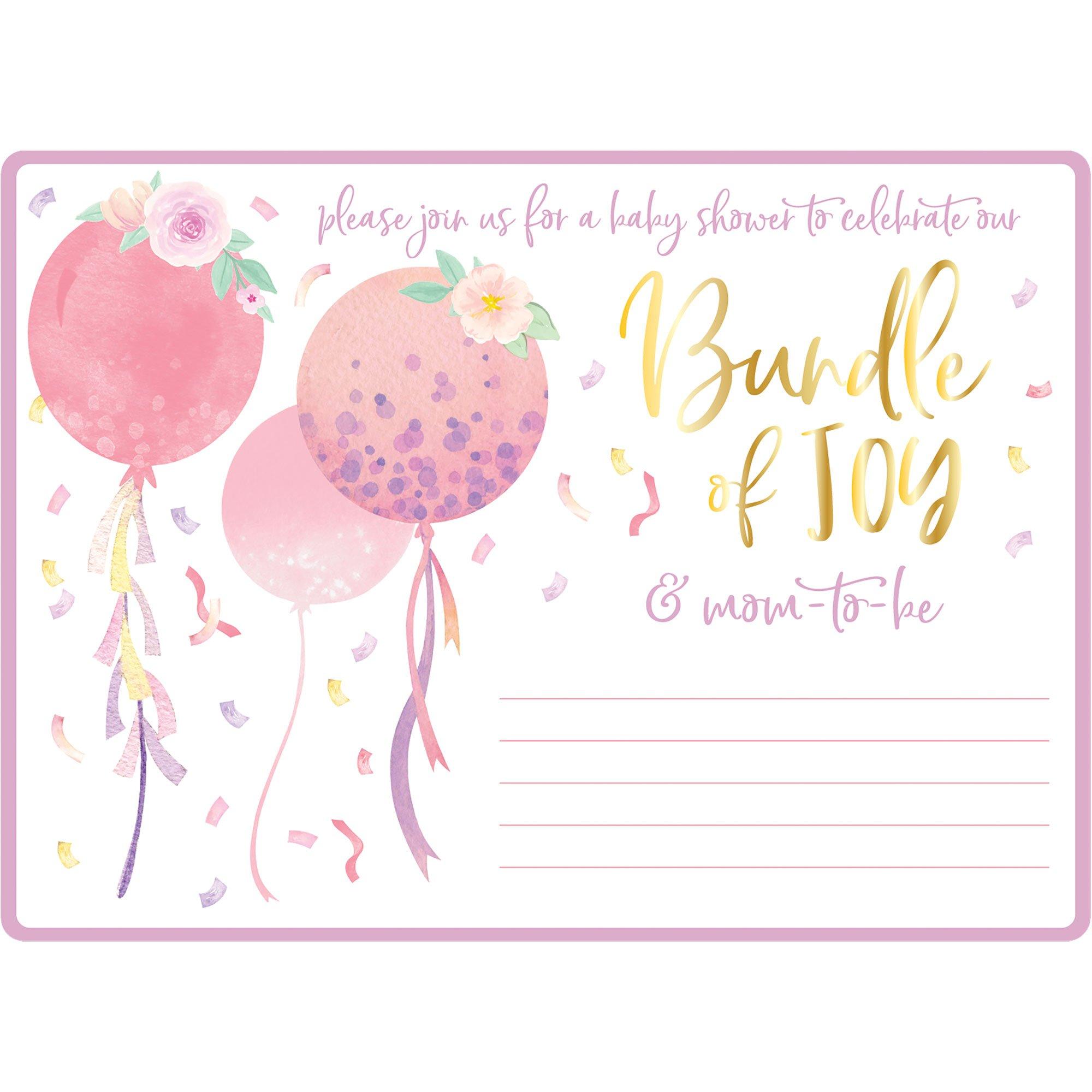 Pink Balloons & Confetti Baby Shower Cardstock Invitations, 8ct