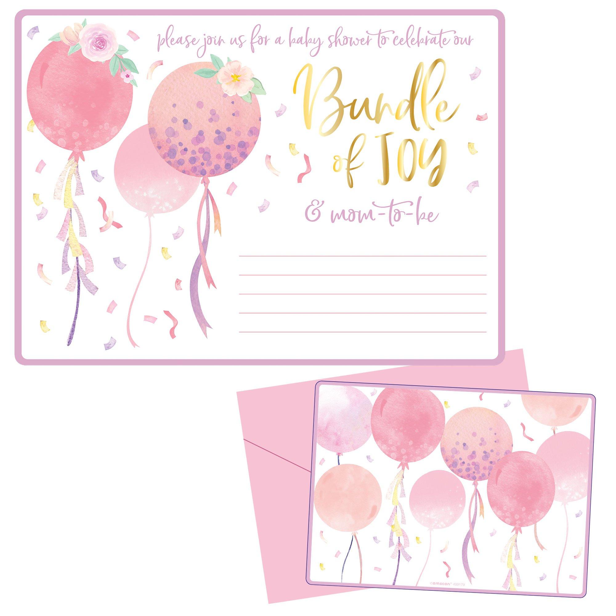 Pink Balloons Confetti Baby Shower Cardstock Invitations, 8ct Pink