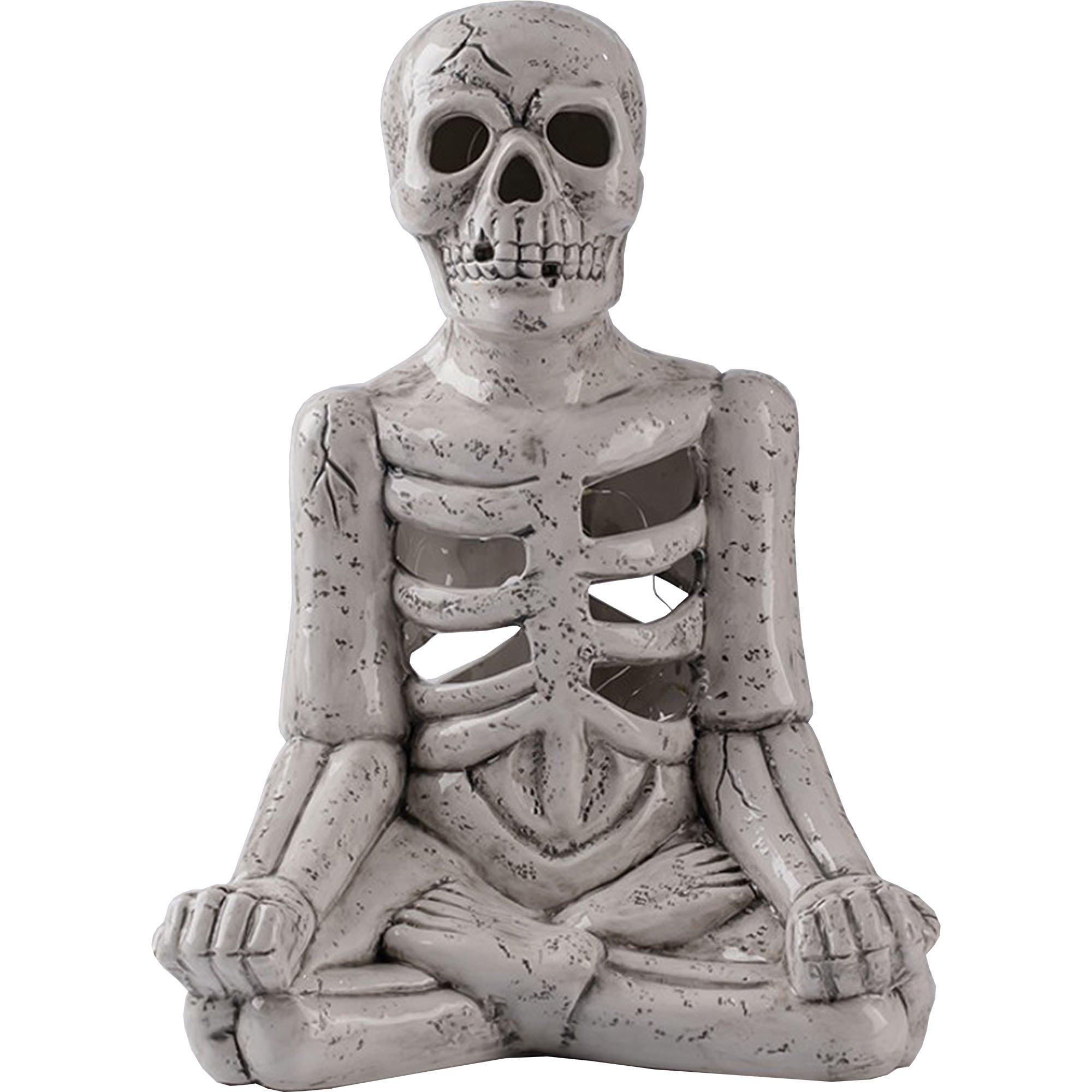 Light-Up Yoga Skeleton Ceramic Halloween Decoration, 10in x 14in