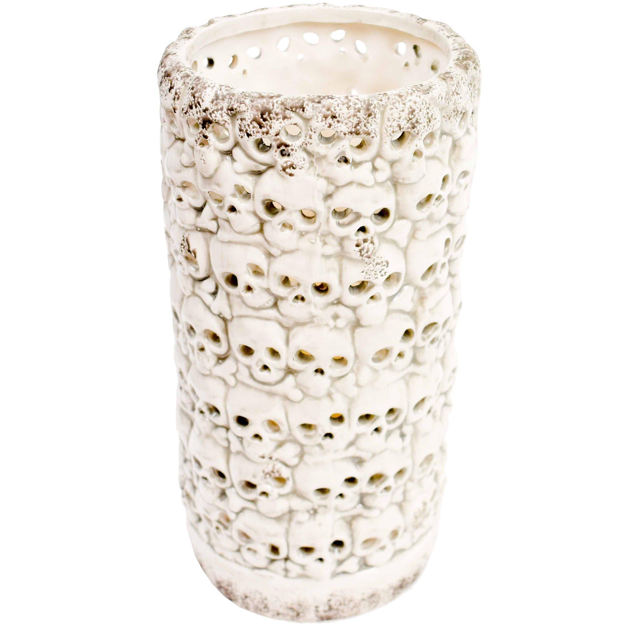 White Wall of Skulls LED Ceramic Lantern, 6.6in x 13in - Halloween Decoration