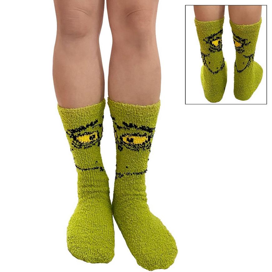 Adult Fuzzy Grinch Face Crew Socks with Grippers - Dr. Seuss | Party City