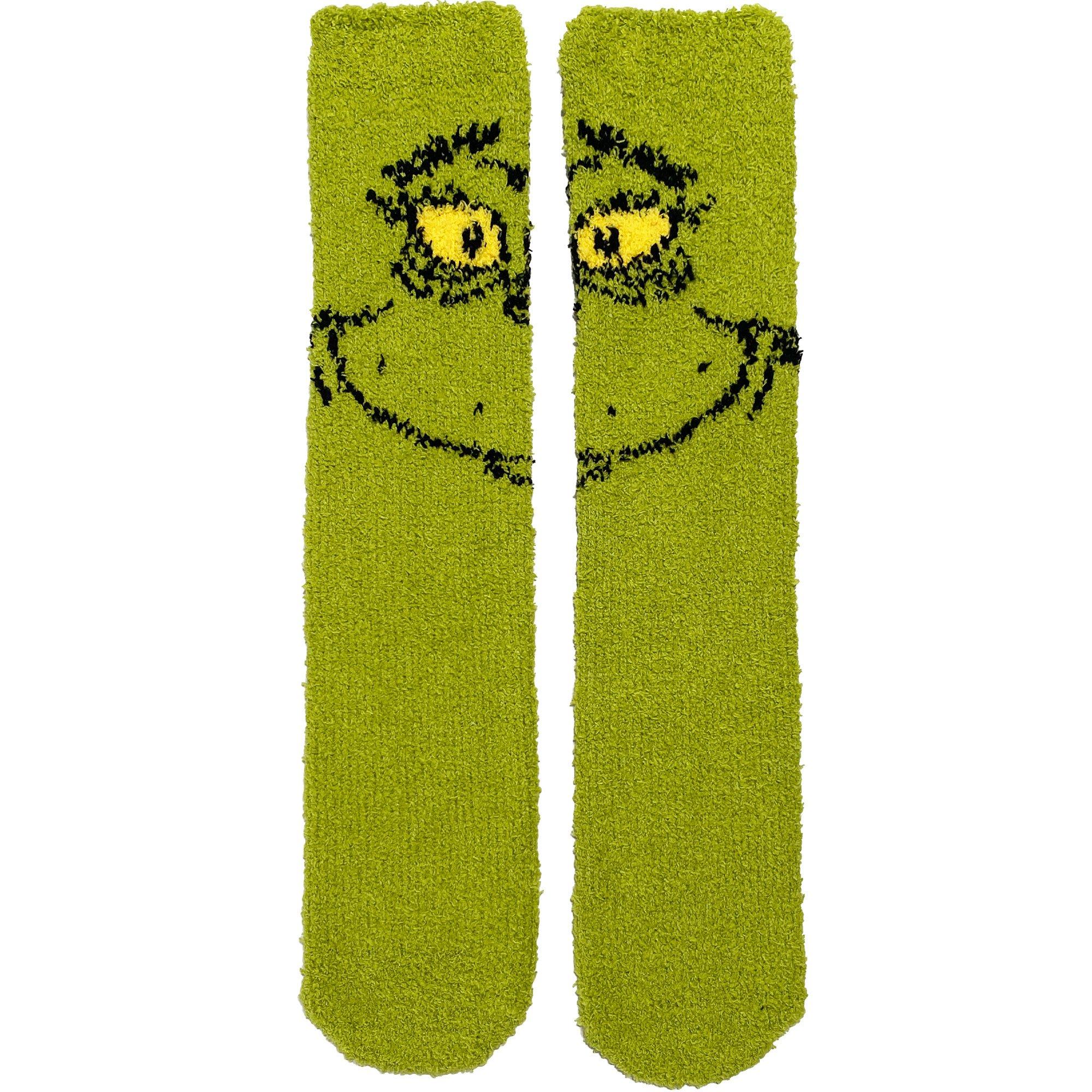 Adult Fuzzy Grinch Face Crew Socks with Grippers Dr. Seuss Party City
