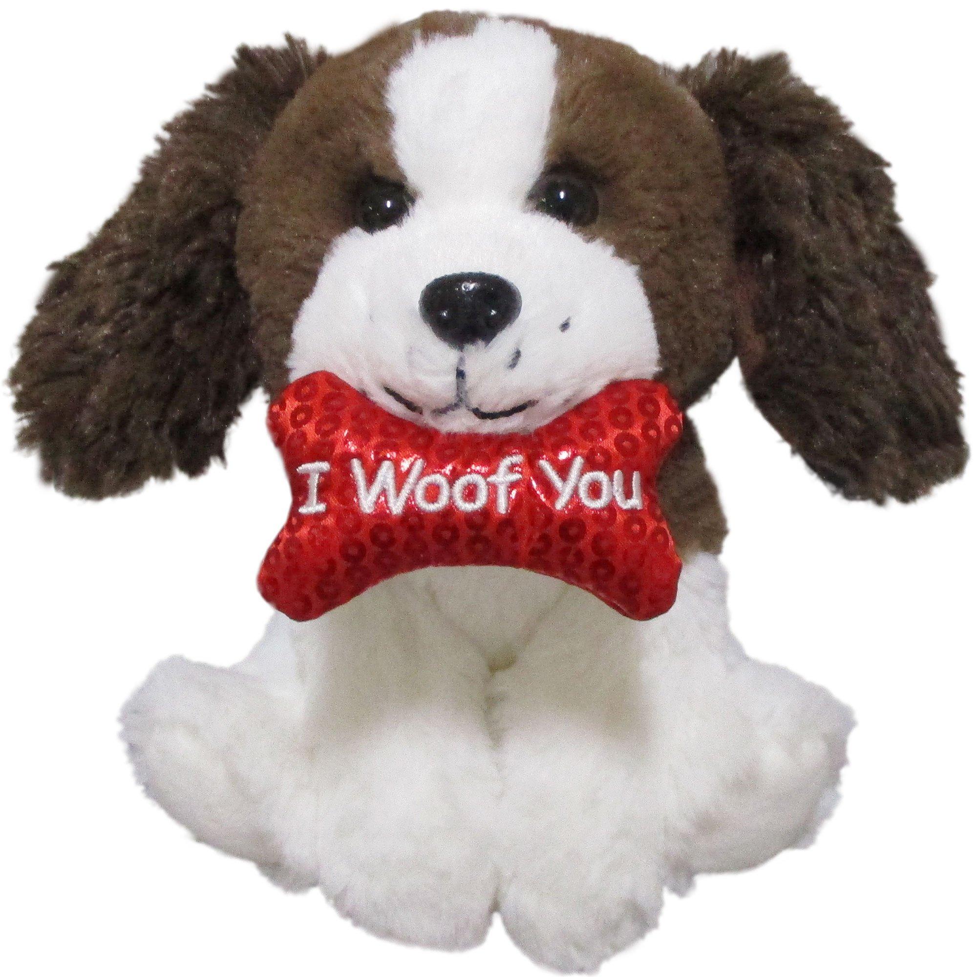 White Brown Valentine s Day I Woof You Dog Plush 7.5in