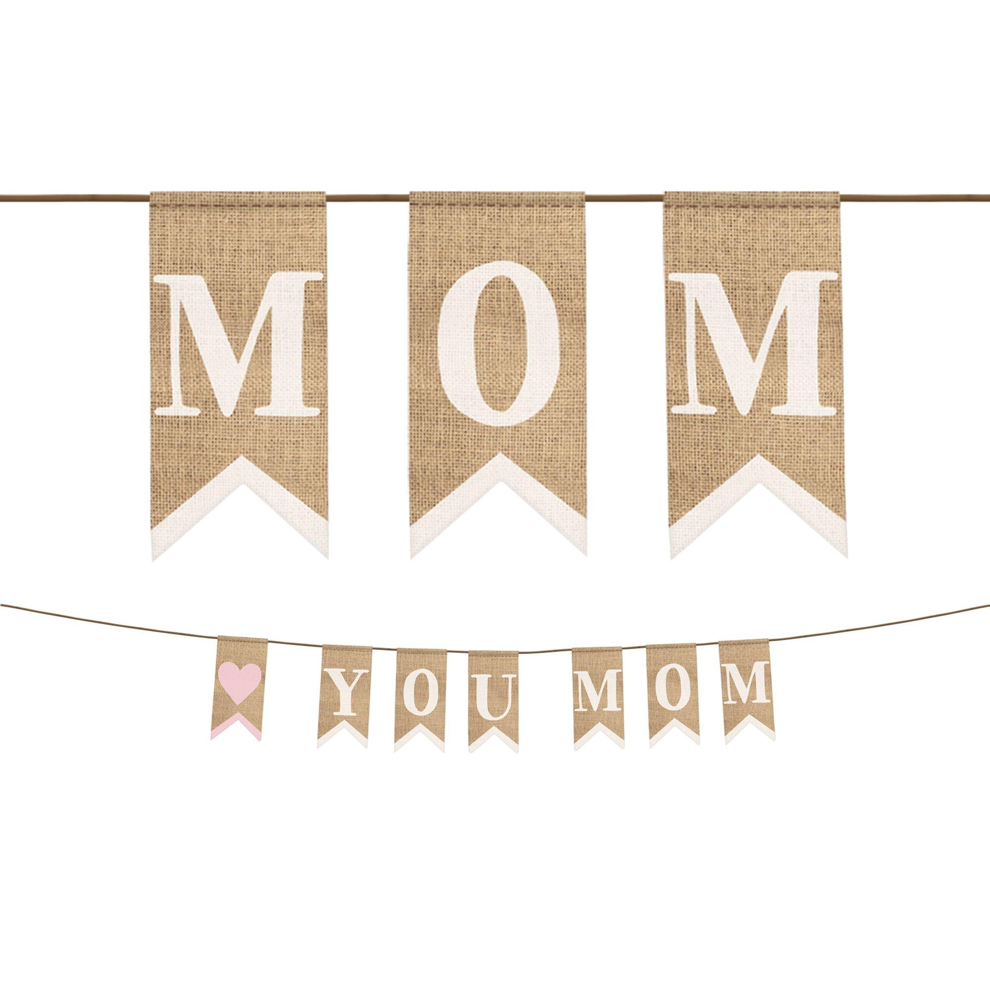 Love You Mom Burlap Pennant Banner, 10ft - Mother's Day