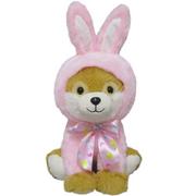 Brown Dog Plush in Pink Bunny Suit, 9in x 16in