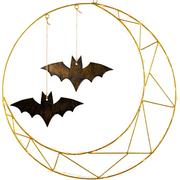 Light-Up Gold Crescent Moon Halloween Metal Wreath with Hanging Bats, 24in - Gerson International