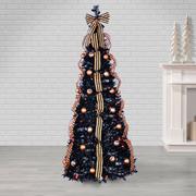 Light-Up Black & Orange Halloween Artificial Tree with Ribbons & Ornaments, 6ft - Gerson International