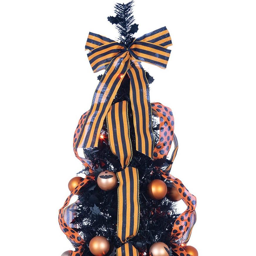 Light-Up Black & Orange Halloween Artificial Tree with Ribbons & Ornaments, 6ft - Gerson International