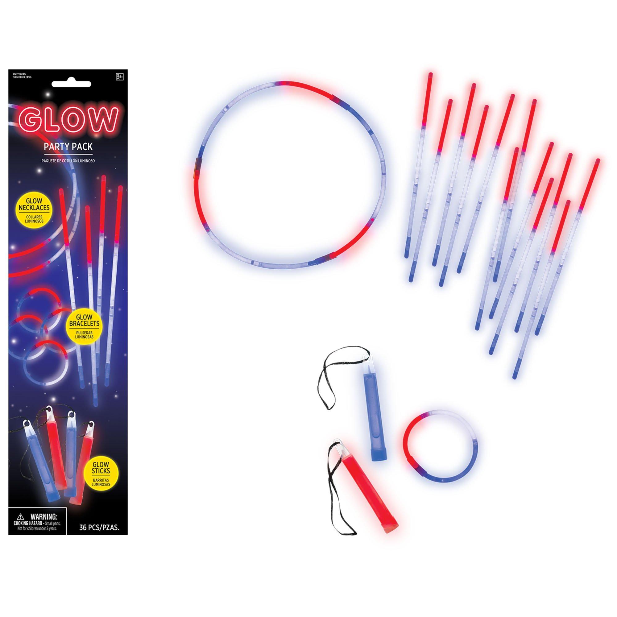 Kids Patriotic Tricolor Glow Party Pack, 36pc Red/White/Blue | Holiday